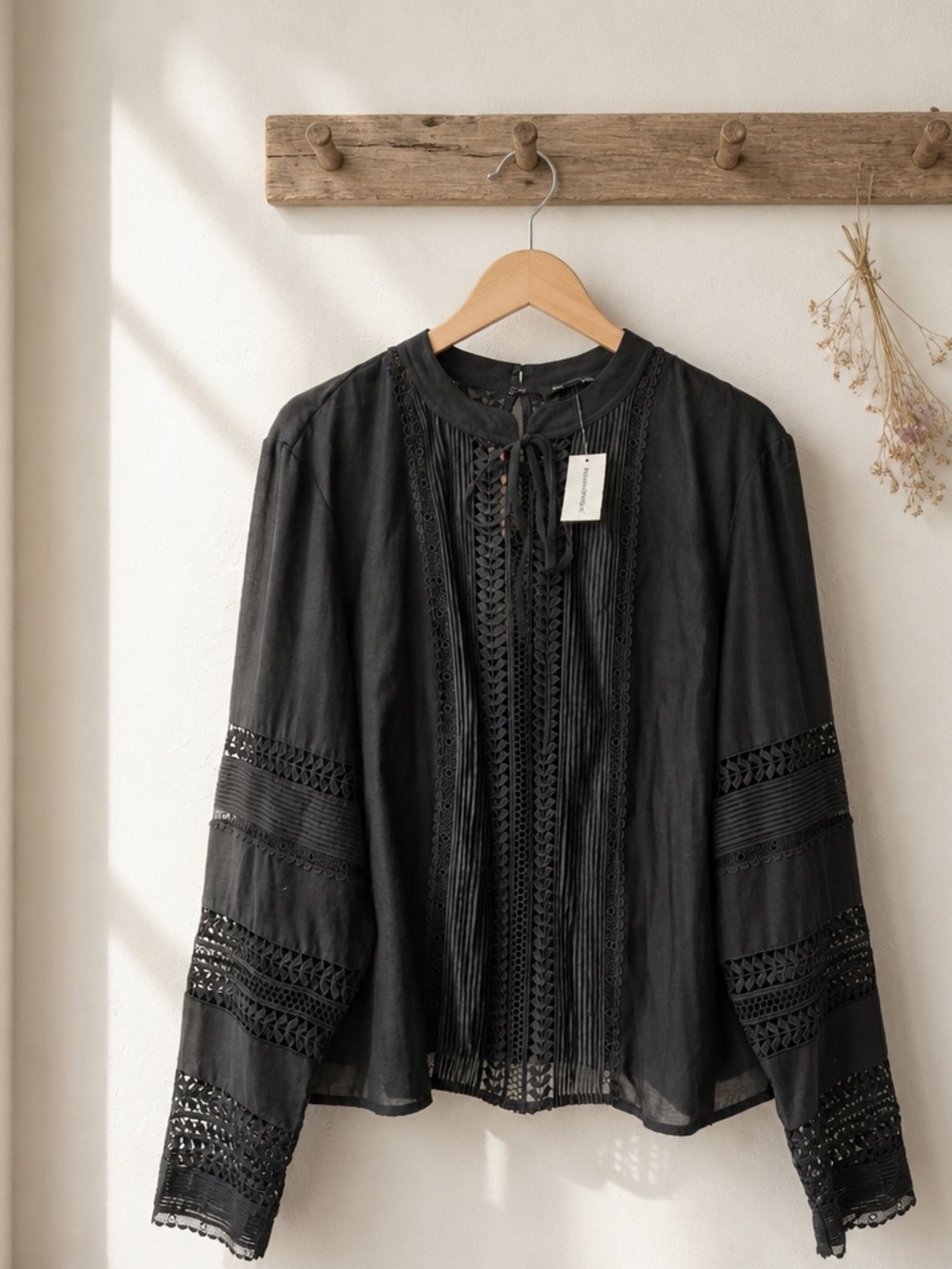 Banana Republic Black Lace-Trim Tie-Neck Blouse, NWT